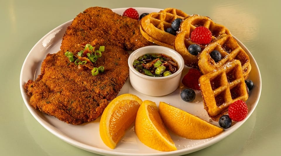 Crispy fried chicken, waffles with berries, orange slices, and a dipping sauce on a white plate.
